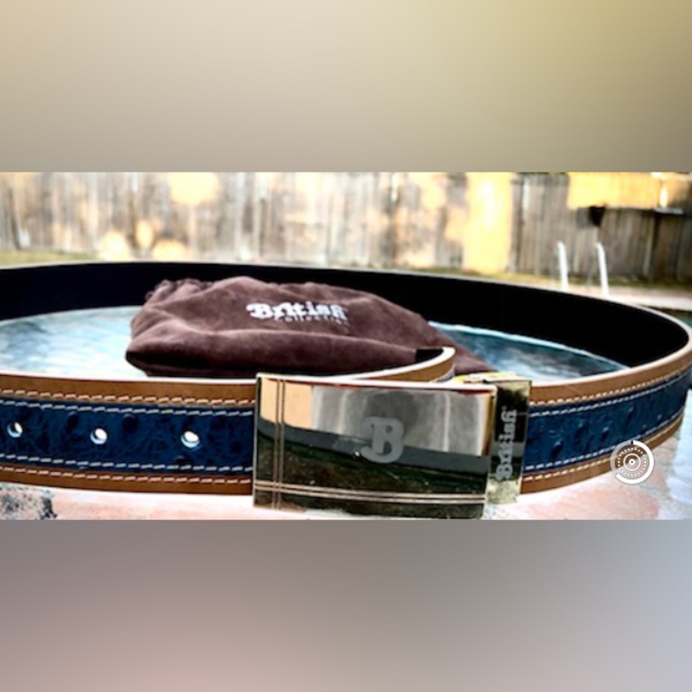 British Walkers Harlem Belt sz 42, Ostrich/leather Cognac blue new